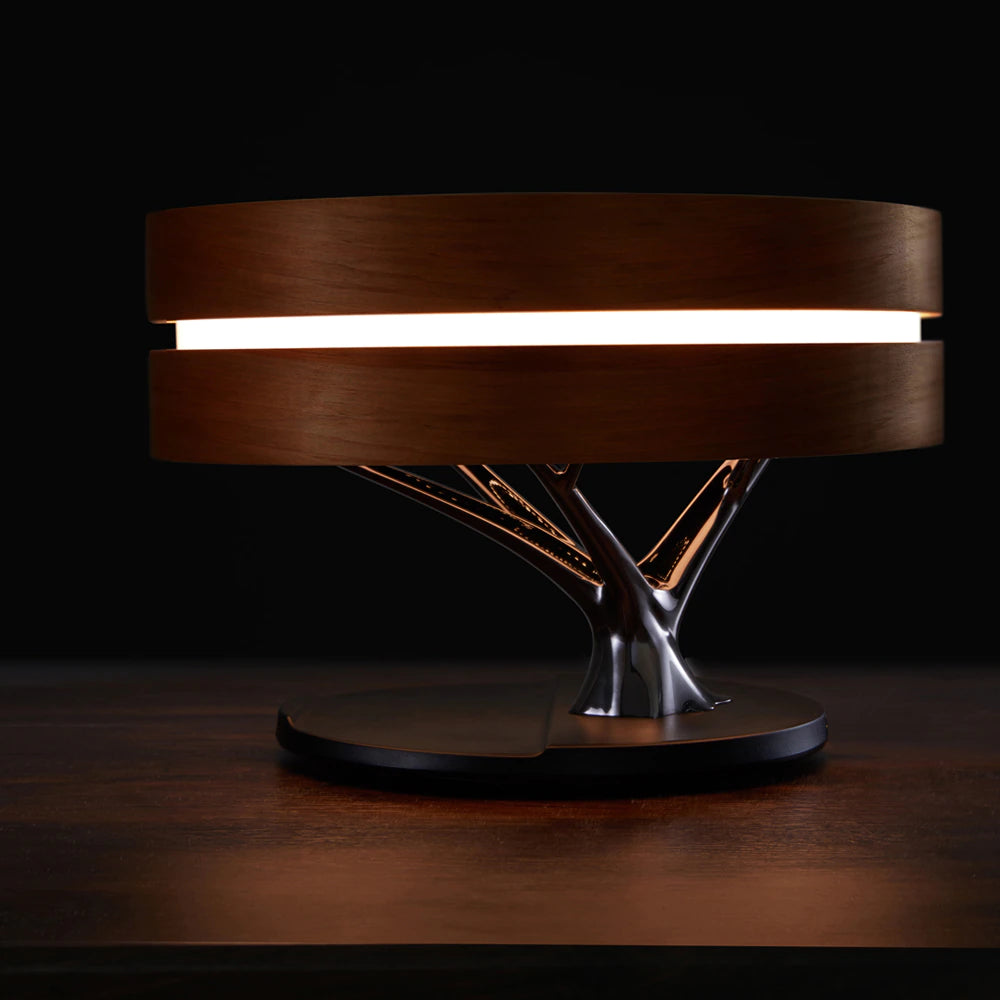 ALDO Home & Garden>Lamps> Lighting & Ceiling Fans ‎11"D x 11"W x 8"H / Wood Modern Art Deco Table Lamp Tree of Life Round Shape Smart Touch Wireless Bluetooth Speakers and Charging Pad