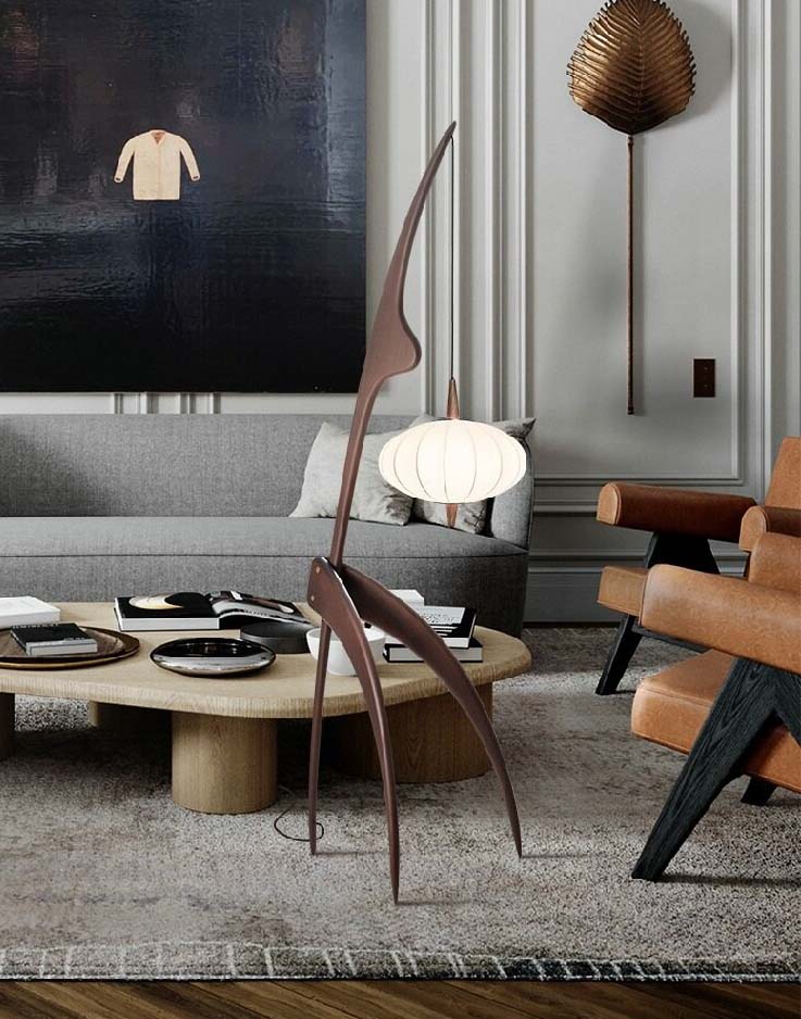 ALDO Home & Garden>Lamps> Lighting & Ceiling Fans 19" L x 17'Wx 65" H Inches / Brown / wood and metal Modern Tripod Sculptural Wood Floor Lamp