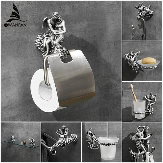 ALDO Home & Garden> Romantic Bathroom Hardware Accessories Set Cupid and Psyche Chrome Towel Ring and Robe Hook, Toilet Paper Holder Towel Bar Toilet Brush Holder
