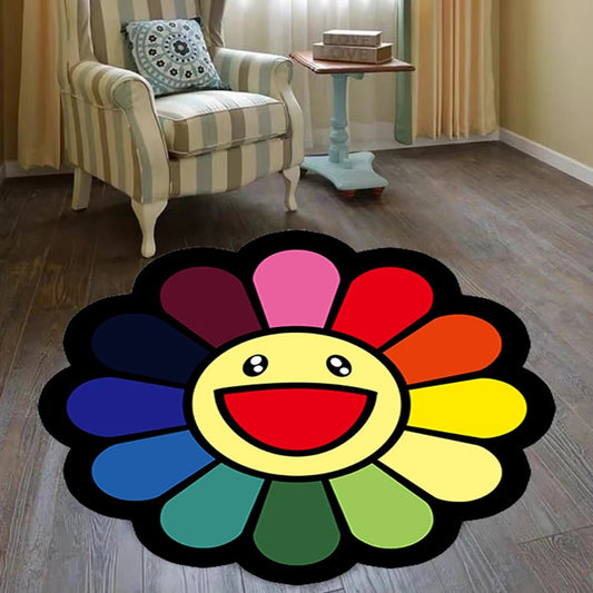 ALDO Home & Kitchen>Area Rugs>Carpet 35 " x 35 " inches / Poliester / Multicolor Cartoon Sun Flower Round Carpet Anti-slip Soft Plush Rugs