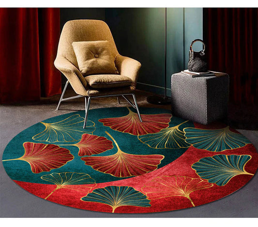 ALDO Home & Kitchen>Area Rugs>Carpet Luxury Art Far Eastern Style with Golden Leaves Non-Slip Round Rug Carpet
