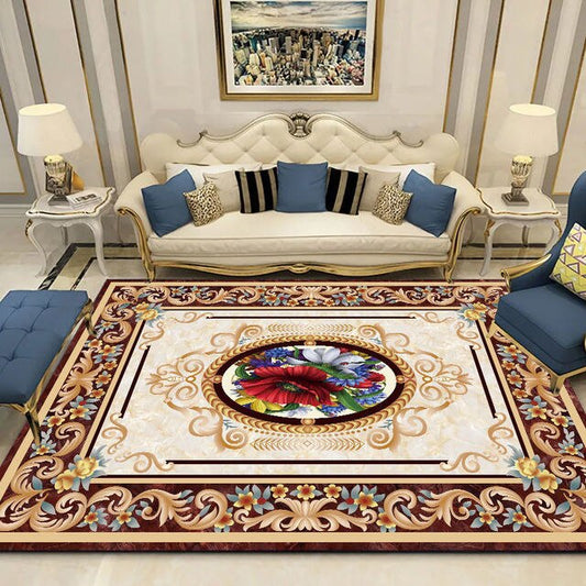 ALDO Home & Kitchen>Area Rugs>Carpet New 2.6 feet Wide x 4 feet Long / Polyester / Multicolor European Red Flower Design Luxury Non-Slip Rug Carpet
