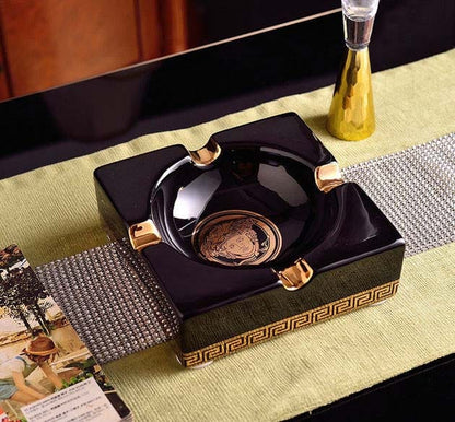 ALDO Home & Kitchen>Ashtray 02 Versace Style Hand Made Fine Ceramic Medusa Designer Ashtray With Real Gold leaf.