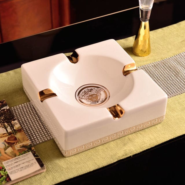 ALDO Home & Kitchen>Ashtray 03 Versace Style Hand Made Fine Ceramic Medusa Designer Ashtray With Real Gold leaf.