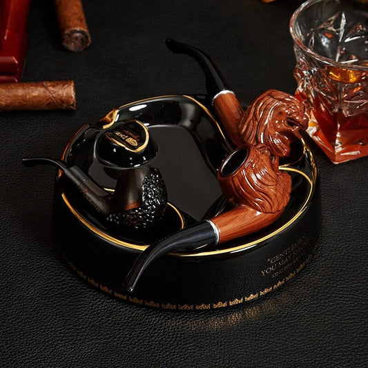 ALDO Home & Kitchen>Ashtray Black Luxury Hand Made Fine Ceramic Pipe and Sigar  Ashtrays Exlusive Design with Real Gold Leaf by Lubinski