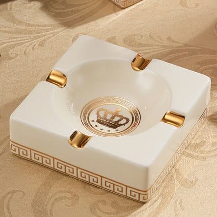 ALDO Home & Kitchen>Ashtray Ivory / 14 cm Versace Gold Crown Style Handmade Fine Ceramic Designer Ashtray With Real Gold Leaf