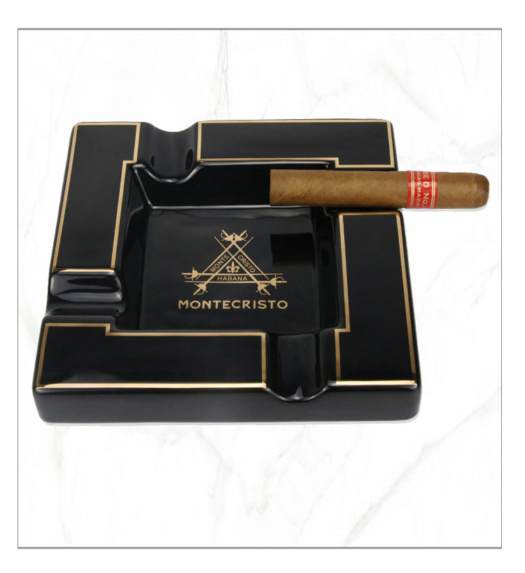 ALDO Home & Kitchen>Ashtray Luxury Style Hand Made Fine Ceramic Large Designer Cigars Montecristo Black Ashtrays With Real Gold Leaf