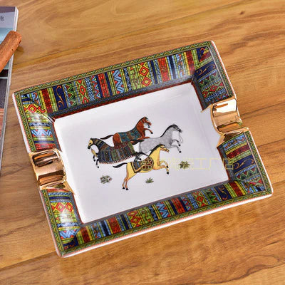 ALDO Home & Kitchen>Ashtray Style 6 / Ceramic English Style Hand Made Fine Ceramic Horse Designer Ashtray With Real Gold leaf
