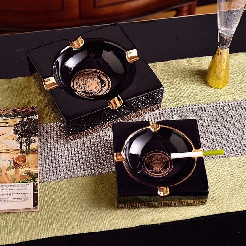 ALDO Home & Kitchen>Ashtray Versace Style Hand Made Fine Ceramic Medusa Designer Ashtray With Real Gold leaf.