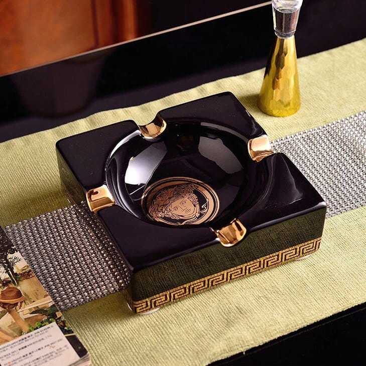 ALDO Home & Kitchen>Ashtray Versace Style Hand Made Fine Ceramic Medusa Designer Ashtray With Real Gold leaf.