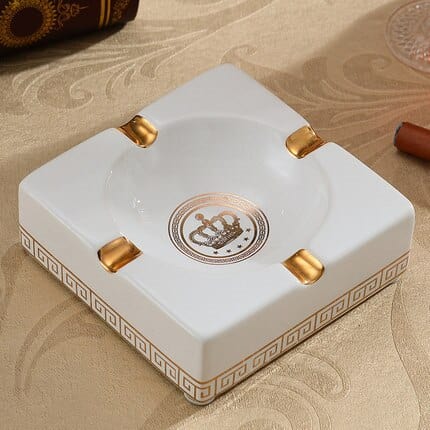 ALDO Home & Kitchen>Ashtray Wite / 14 cm Versace Gold Crown Style Handmade Fine Ceramic Designer Ashtray With Real Gold Leaf