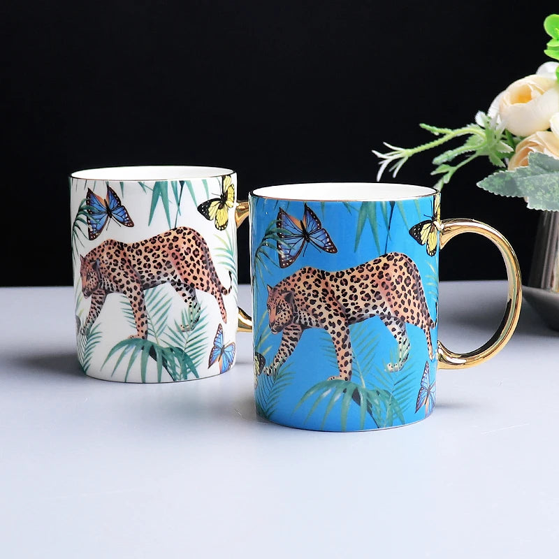 ALDO Home & Kitchen>Cups, Mugs, & Saucers 2 pcs White and Blue Mug in gift box Exquisite Luxury Royal Queen Bone China Beautiful Forest Jaguar Design Coffee and Tea Mugs and Cups Set
