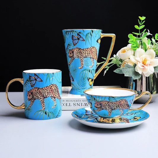 ALDO Home & Kitchen>Cups, Mugs, & Saucers 3 pcs Blue in gift box Exquisite Luxury Royal Queen Bone China Beautiful Forest Jaguar Design Coffee and Tea Mugs and Cups Set
