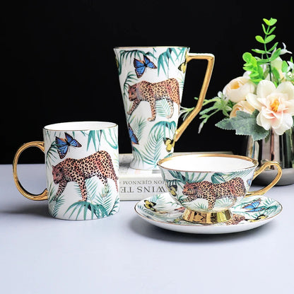 ALDO Home & Kitchen>Cups, Mugs, & Saucers 3 pcs White Mugs and Cup In Gift Box Exquisite Luxury Royal Queen Bone China Beautiful Forest Jaguar Design Coffee and Tea Mugs and Cups Set