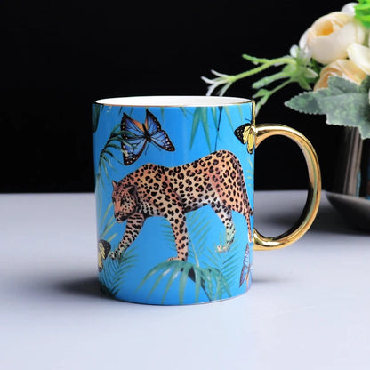 ALDO Home & Kitchen>Cups, Mugs, & Saucers blue 350ml Exquisite Luxury Royal Queen Bone China Beautiful Forest Jaguar Design Coffee and Tea Mugs and Cups Set