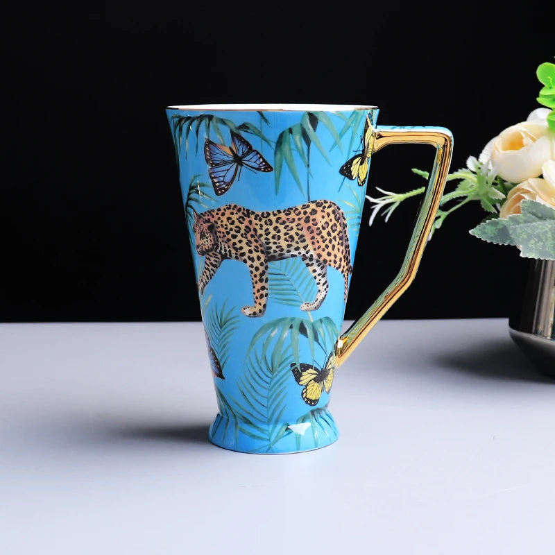 ALDO Home & Kitchen>Cups, Mugs, & Saucers blue 500ml Exquisite Luxury Royal Queen Bone China Beautiful Forest Jaguar Design Coffee and Tea Mugs and Cups Set