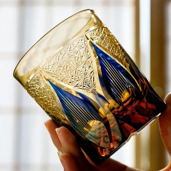 ALDO Home & Kitchen>Cups, Mugs, & Saucers Blue Private Collection Japanese Kiriko Style Bohemian Hand Cut and Blown Lead Free Crystal Whiskey Glasses