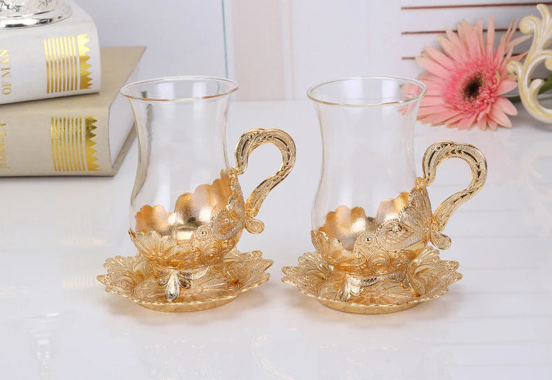 ALDO Home & Kitchen>Cups, Mugs, & Saucers European Exquisite Glass Cups with Gold Saucer ,Spoons and Coffee Pot For Tea or Coffee and Tea