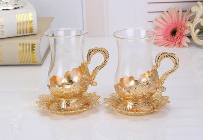 ALDO Home & Kitchen>Cups, Mugs, & Saucers European Exquisite Glass Cups with Gold Saucer ,Spoons and Coffee Pot For Tea or Coffee and Tea