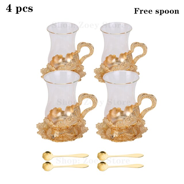 ALDO Home & Kitchen>Cups, Mugs, & Saucers Gold Tea Coffee Glass Cup With Spoon Set of Four / Glass and Zinc Alloy / Cup 4.4" Toll x 3.9" Wide with Saucer x 2.5" wide Inches European Exquisite Glass Cups with Gold Saucer ,Spoons and Coffee Pot For Tea or Coffee and Tea