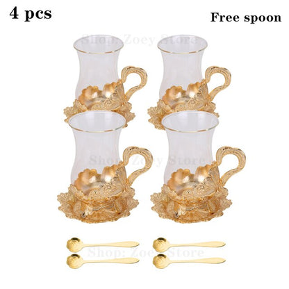 ALDO Home & Kitchen>Cups, Mugs, & Saucers Gold Tea Coffee Glass Cup With Spoon Set of Four / Glass and Zinc Alloy / Cup 4.4" Toll x 3.9" Wide with Saucer x 2.5" wide Inches European Exquisite Glass Cups with Gold Saucer ,Spoons and Coffee Pot For Tea or Coffee and Tea