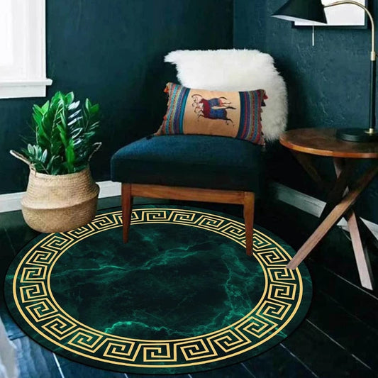 ALDO Home & Kitchen>Cups, Mugs, & Saucers New  2 feet x 2 feet / Polyester / Green Marble and Gold Versace Style Green Marble and Gold Luxury Non-Slip Round  Rug Carpet