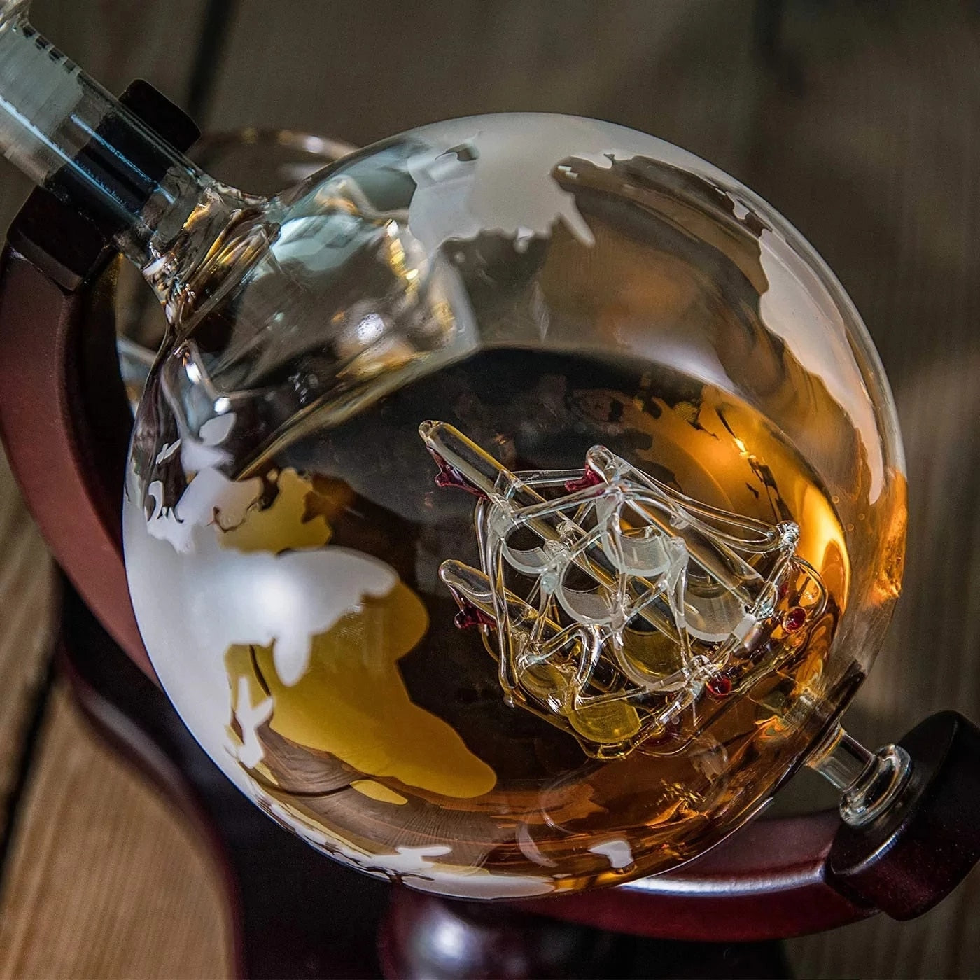 ALDO Home & Kitchen>Cups, Mugs, & Saucers New / Borosilicate Glass / 5" W x 9.5" Inches long Globe Crystal Led Free Glass Decanter Bottle With Ship Inside Four Glasses and Holder Set For Liquor Wine Whisky Vodka
