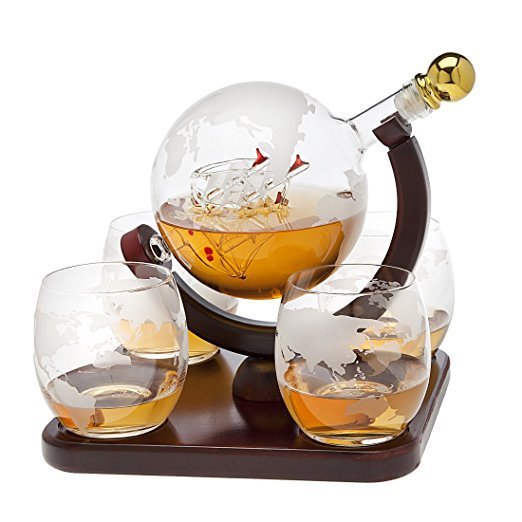 ALDO Home & Kitchen>Cups, Mugs, & Saucers New / Borosilicate Glass / 5" W x 9.5" Inches long Globe Crystal Led Free Glass Decanter Bottle With Ship Inside Four Glasses and Holder Set For Liquor Wine Whisky Vodka
