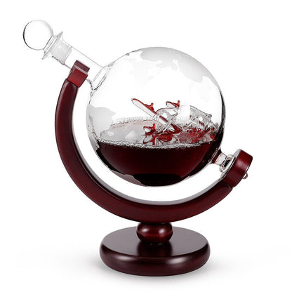 ALDO Home & Kitchen>Cups, Mugs, & Saucers New / Borosilicate Glass / 5" W x 9.5" Inches long Globe Crystal Led Free Glass Decanter Bottle With Ship Inside Two Glasses and Holder Set For Liquor Wine Whisky Vodka