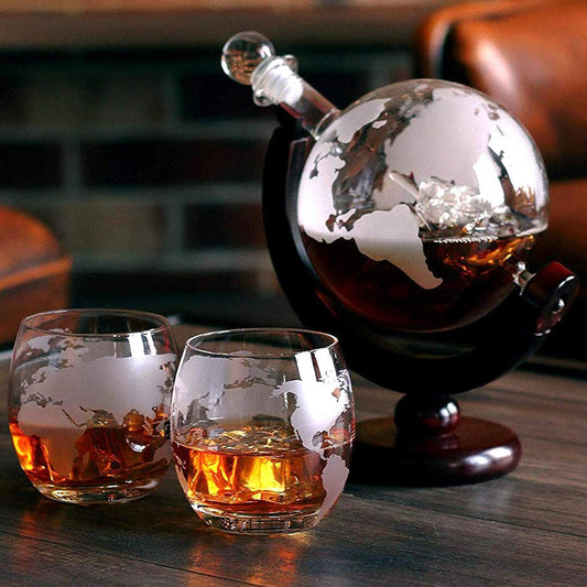 ALDO Home & Kitchen>Cups, Mugs, & Saucers New / Borosilicate Glass / 5" W x 9.5" Inches long Globe Crystal Led Free Glass Decanter Bottle With Ship Inside Two Glasses and Holder Set For Liquor Wine Whisky Vodka