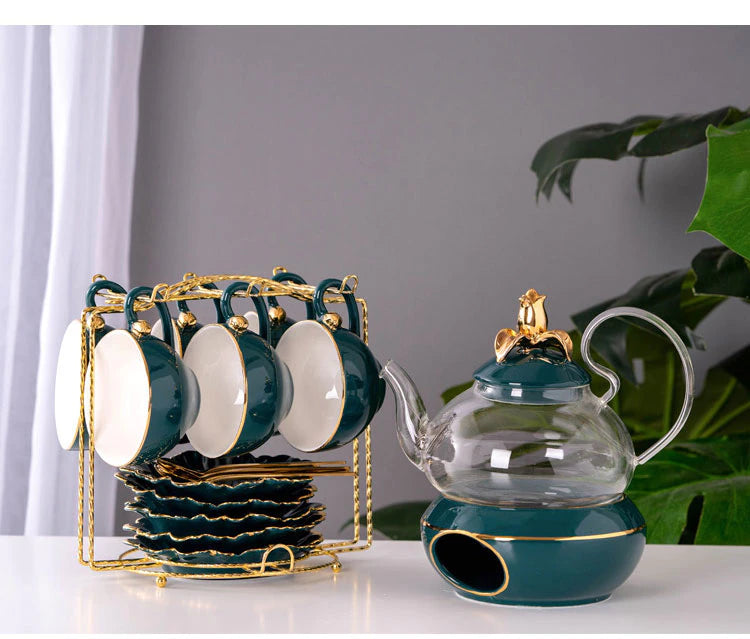 ALDO Home & Kitchen>Cups, Mugs, & Saucers new / glass and porcelain English Green Gold Glass Teapot Lid Base and Porcelain Tea Cups Gold Plated Set of Six with Saucers, Spoons and Handle Rack