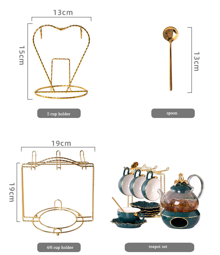 ALDO Home & Kitchen>Cups, Mugs, & Saucers new / glass and porcelain English Green Gold Glass Teapot Lid Base and Porcelain Tea Cups Gold Plated Set of Six with Saucers, Spoons and Handle Rack