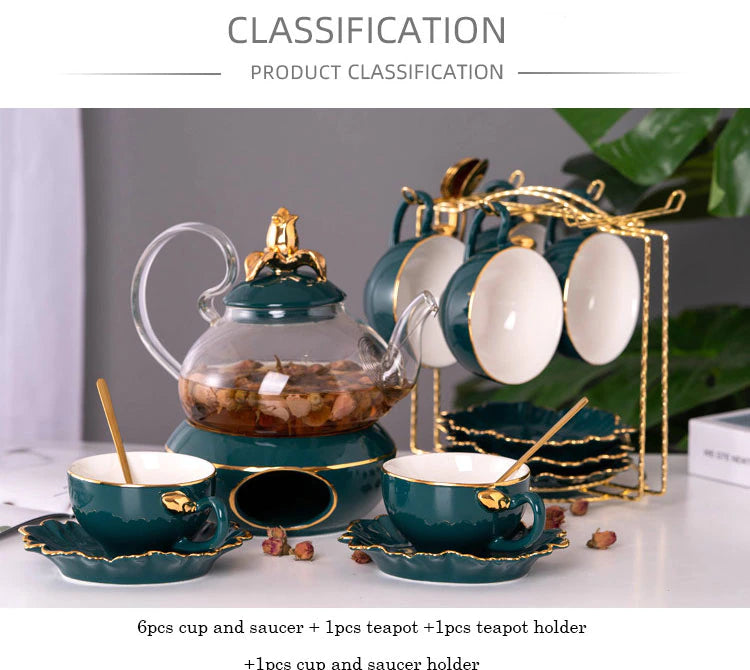 ALDO Home & Kitchen>Cups, Mugs, & Saucers new / glass and porcelain English Green Gold Glass Teapot Lid Base and Porcelain Tea Cups Gold Plated Set of Six with Saucers, Spoons and Handle Rack