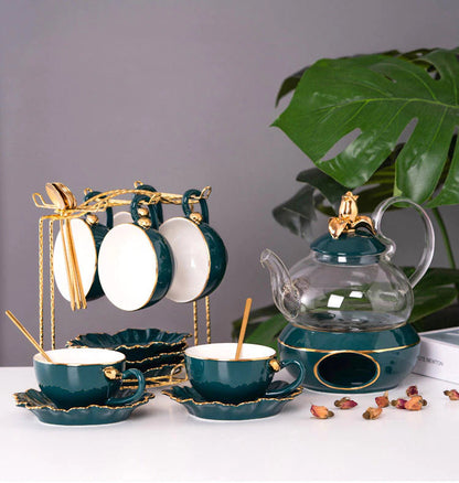 ALDO Home & Kitchen>Cups, Mugs, & Saucers new / glass and porcelain English Green Gold Glass Teapot Lid Base and Porcelain Tea Cups Gold Plated Set of Six with Saucers, Spoons and Handle Rack