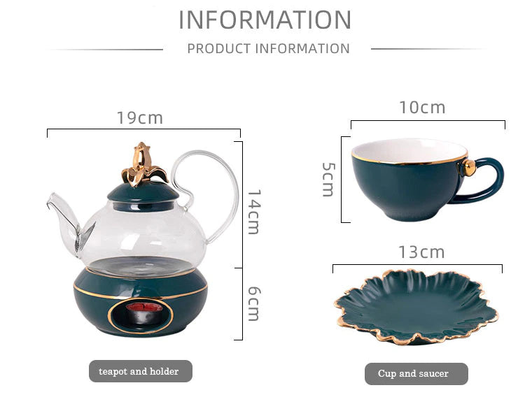 ALDO Home & Kitchen>Cups, Mugs, & Saucers new / glass and porcelain English Green Gold Glass Teapot Lid Base and Porcelain Tea Cups Gold Plated Set of Six with Saucers, Spoons and Handle Rack