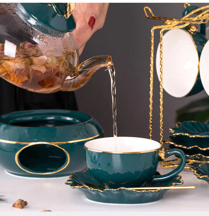 ALDO Home & Kitchen>Cups, Mugs, & Saucers new / glass and porcelain English Green Gold Glass Teapot Lid Base and Porcelain Tea Cups Gold Plated Set of Six with Saucers, Spoons and Handle Rack