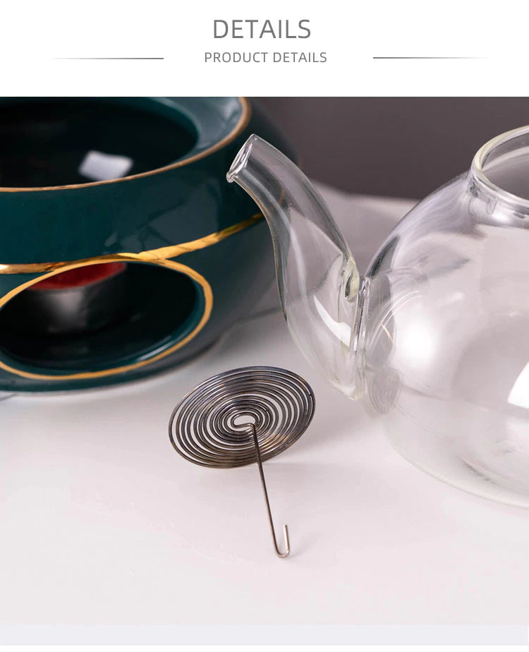 ALDO Home & Kitchen>Cups, Mugs, & Saucers new / glass and porcelain English Green Gold Glass Teapot Lid Base and Porcelain Tea Cups Gold Plated Set of Six with Saucers, Spoons and Handle Rack