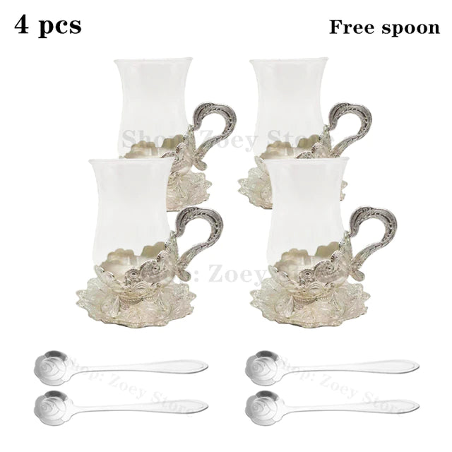 ALDO Home & Kitchen>Cups, Mugs, & Saucers New Glass Cups with Silver Saucer and Spoon Set of Four / Glass and Zinc Alloy / Cup 4.4" Toll x 3.9" Wide with Saucer x 2.5" wide Inches European Exquisite Glass Cups with Gold Saucer ,Spoons and Coffee Pot For Tea or Coffee and Tea