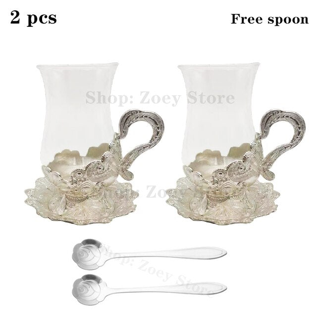 ALDO Home & Kitchen>Cups, Mugs, & Saucers New Glass Cups with Silver Saucer and Spoon Set of Two / Glass and Zinc Alloy / Cup 4.4" Toll x 3.9" Wide with Saucer x 2.5" wide Inches European Exquisite Glass Cups with Gold Saucer ,Spoons and Coffee Pot For Tea or Coffee and Tea