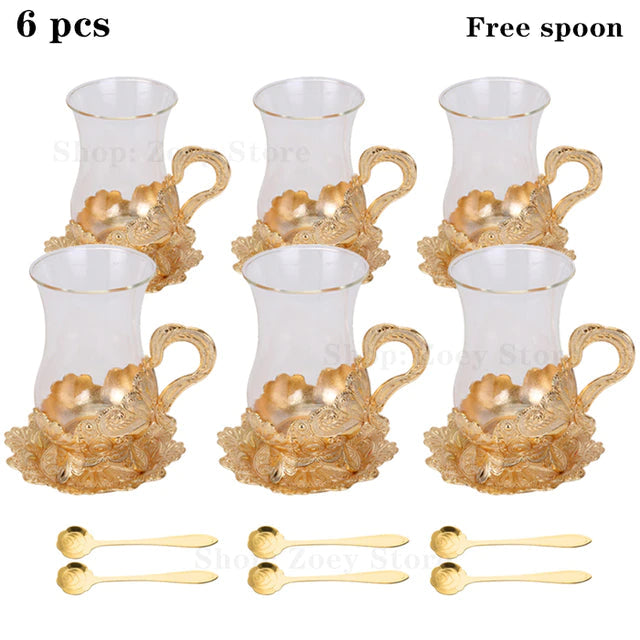 ALDO Home & Kitchen>Cups, Mugs, & Saucers New Gold Tea Coffee Cup With Spoon Set Of Six / Glass and Zinc Alloy / Cup 4.4" Toll x 3.9" Wide with Saucer x 2.5" wide Inches European Exquisite Glass Cups with Gold Saucer ,Spoons and Coffee Pot For Tea or Coffee and Tea