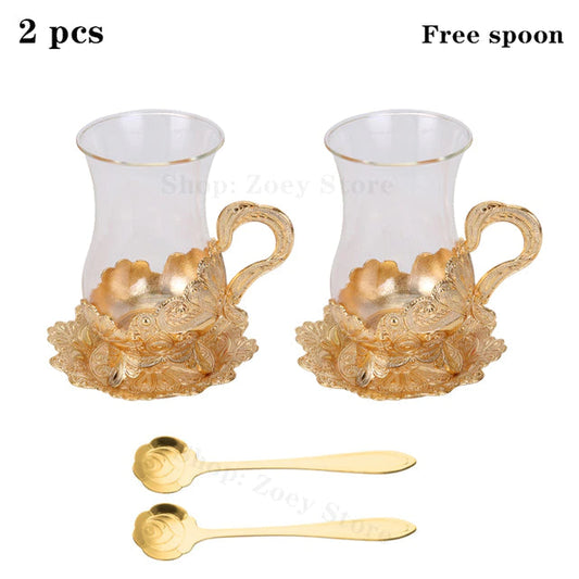 ALDO Home & Kitchen>Cups, Mugs, & Saucers New Gold Tea Coffee Glass Cup With Spoon Set of Two / Glass and Zinc Alloy / Cup 4.4" Toll x 3.9" Wide with Saucer x 2.5" wide Inches European Exquisite Glass Cups with Gold Saucer ,Spoons and Coffee Pot For Tea or Coffee and Tea