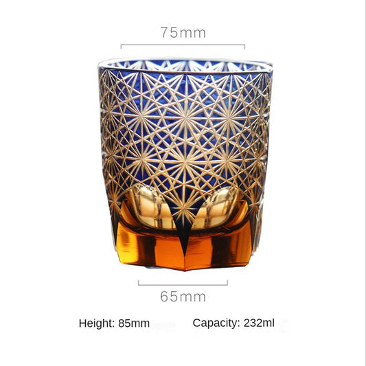 ALDO Home & Kitchen>Cups, Mugs, & Saucers New / Lead free Crystal / 85mm H x 75mm W / 33.4 " H x 29.5" W inches Japanese Kiriko Style Bohemian Czech Hand Cut and Blown Lead Free Crystal Blue Mesh  Amber Whisky Cocktail and Vodka Glass