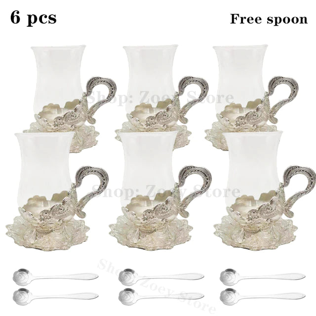 ALDO Home & Kitchen>Cups, Mugs, & Saucers New Silver Glass Cups with Silver Saucer and Spoon Set Of Six / Glass and Zinc Alloy / Cup 4.4" Toll x 3.9" Wide with Saucer x 2.5" wide Inches European Exquisite Glass Cups with Gold Saucer ,Spoons and Coffee Pot For Tea or Coffee and Tea