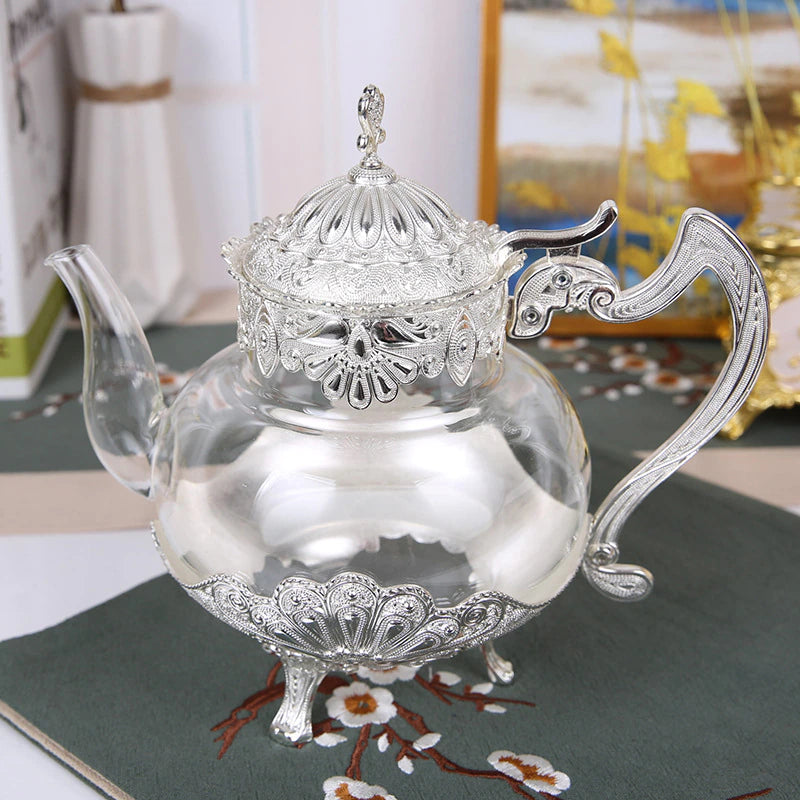 ALDO Home & Kitchen>Cups, Mugs, & Saucers New Silver Glass Tea Coffee Pot / Glass and Zinc Alloy / Coffee Tea Pot Silver  9" toll x 9" wide European Exquisite Glass Cups with Gold Saucer ,Spoons and Coffee Pot For Tea or Coffee and Tea