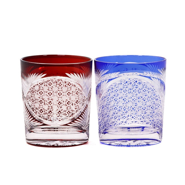 ALDO Home & Kitchen>Cups, Mugs, & Saucers Red and Blue Set Exquisite Unique Japanese Edo Kiriko Style Hand Cut and Blown Crystal 9 Ounces Wishky Cocktail and Vodka Glasses