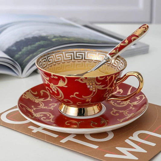 ALDO Home & Kitchen>Cups, Mugs, & Saucers Red / Porcelain / Please see pictures attached with sizes Porcelain Luxury Coffee or Tea Cup Gold Plated Fantasy Style with Saucer and Spoon