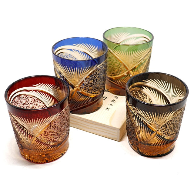 ALDO Home & Kitchen>Cups, Mugs, & Saucers Set of Four Exquisite Unique Japanese Edo Kiriko Style Hand Cut and Blown Crystal 9 Ounces Wishky Cocktail and Vodka Glasses