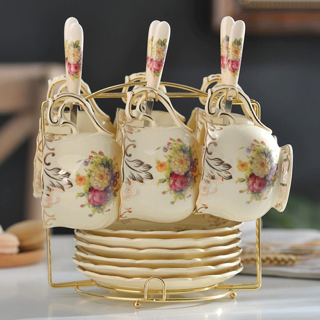 ALDO Home & Kitchen>Cups, Mugs, & Saucers tea cup: 8*8cm Tea plate: Diameter 15cm Spoon: 15cm Flowers / new / porcelain Flowers Porcelain  English Tea Cups Gold Plated Set of Six with Saucers, Spoons and Handle Rack Flowering Shrubs Golden Leaves Edge