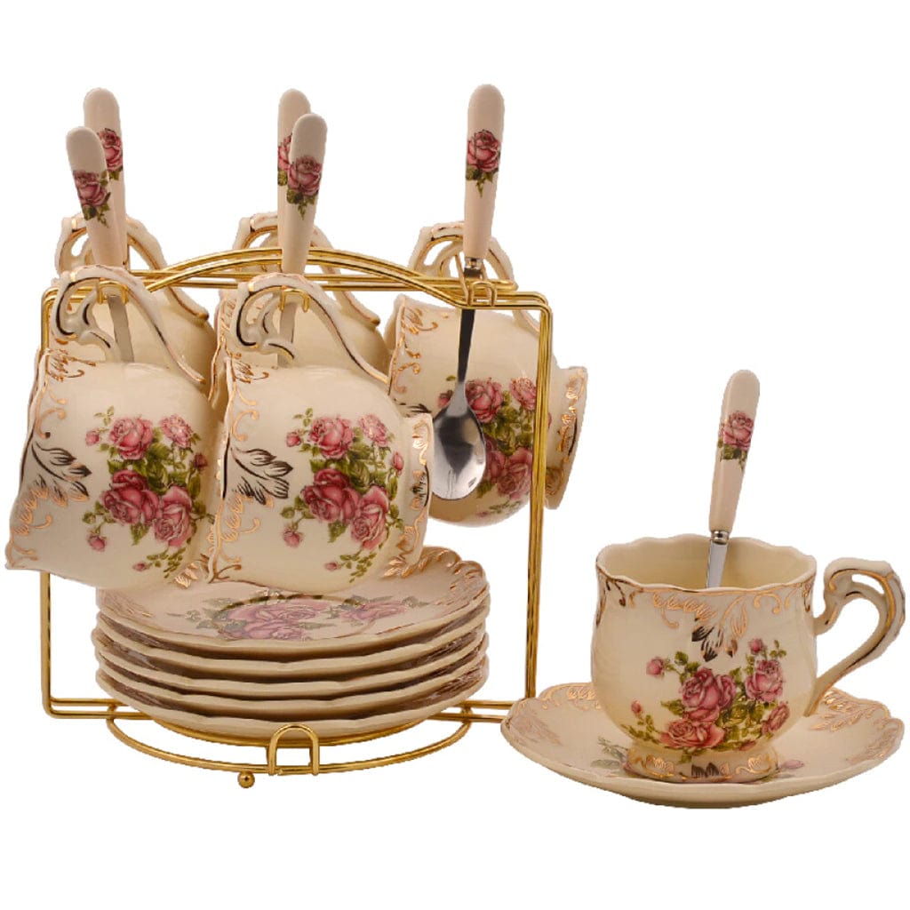 ALDO Home & Kitchen>Cups, Mugs, & Saucers tea cup: 8*8cm Tea plate: Diameter 15cm  Spoon: 15cm Gold Trim / New / porcelain Gold Trim Porcelain  English Tea Cups Gold Plated Set of Six with Saucers, Spoons and Handle Rack Flowering Shrubs Golden Leaves Edge
