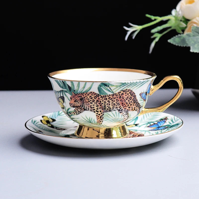ALDO Home & Kitchen>Cups, Mugs, & Saucers white 220ml Exquisite Luxury Royal Queen Bone China Beautiful Forest Jaguar Design Coffee and Tea Mugs and Cups Set